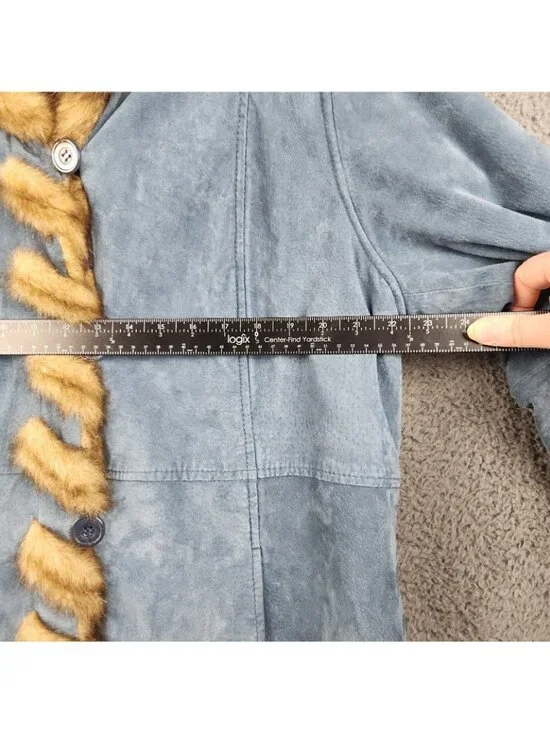 VTG 90's Boho Western Blue Suede Leather Faux Fur Lined Size Large Hooded Luxe - Picture 5 of 10
